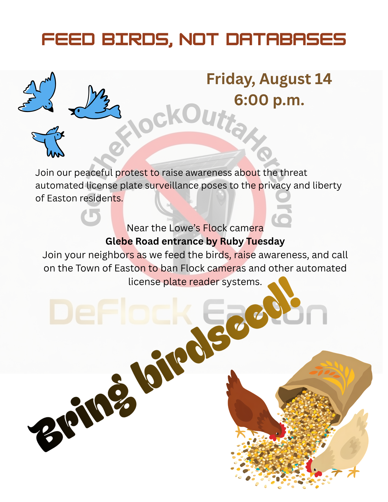 Feed Birds, Not Databases event flyer: Friday, August 14, 6:00 p.m., near the Lowe&rsquo;s Flock camera at the Glebe Road entrance by Ruby Tuesday — bring birdseed